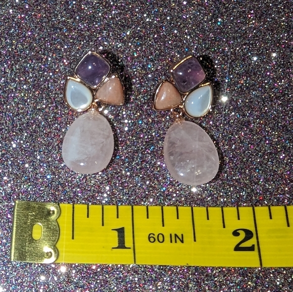 Rose Quartz Teardrop Amethyst Dangle Statement Earrings - Picture 8 of 8
